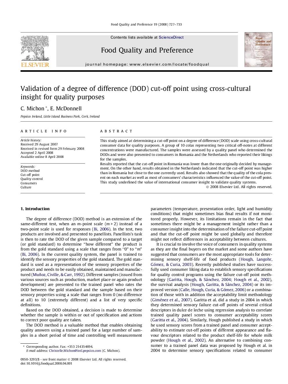 Validation of a degree of difference (DOD) cut-off point using cross-cultural insight for quality purposes