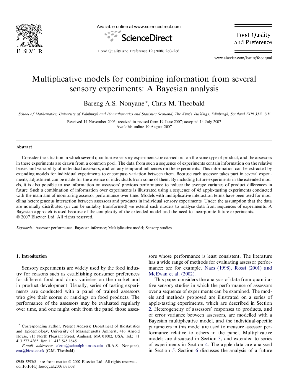 Multiplicative models for combining information from several sensory experiments: A Bayesian analysis