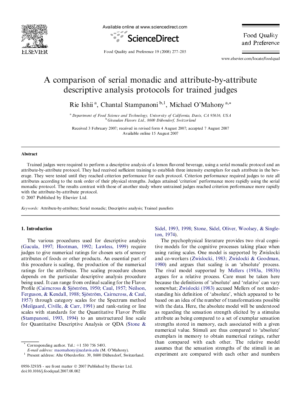 A comparison of serial monadic and attribute-by-attribute descriptive analysis protocols for trained judges