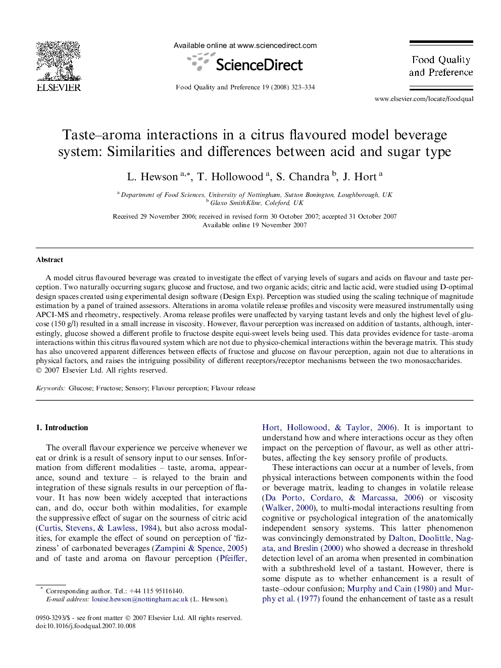 Taste–aroma interactions in a citrus flavoured model beverage system: Similarities and differences between acid and sugar type