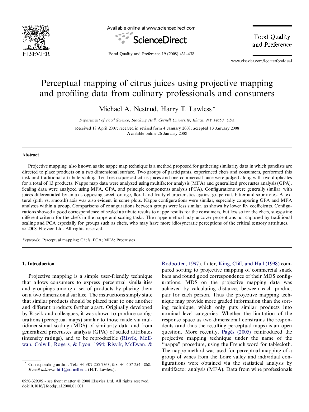 Perceptual mapping of citrus juices using projective mapping and profiling data from culinary professionals and consumers