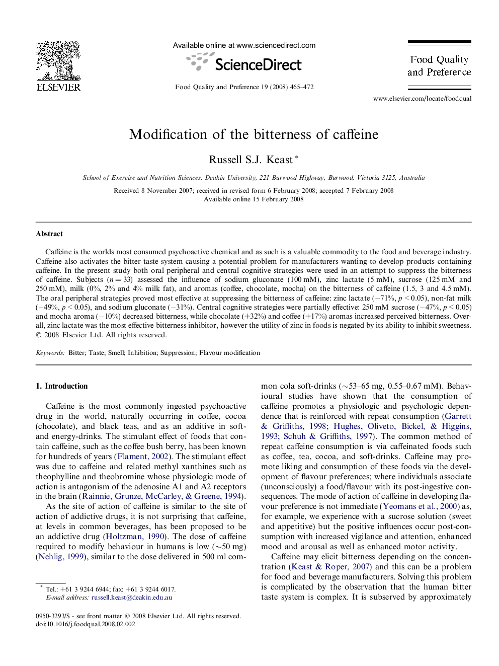 Modification of the bitterness of caffeine