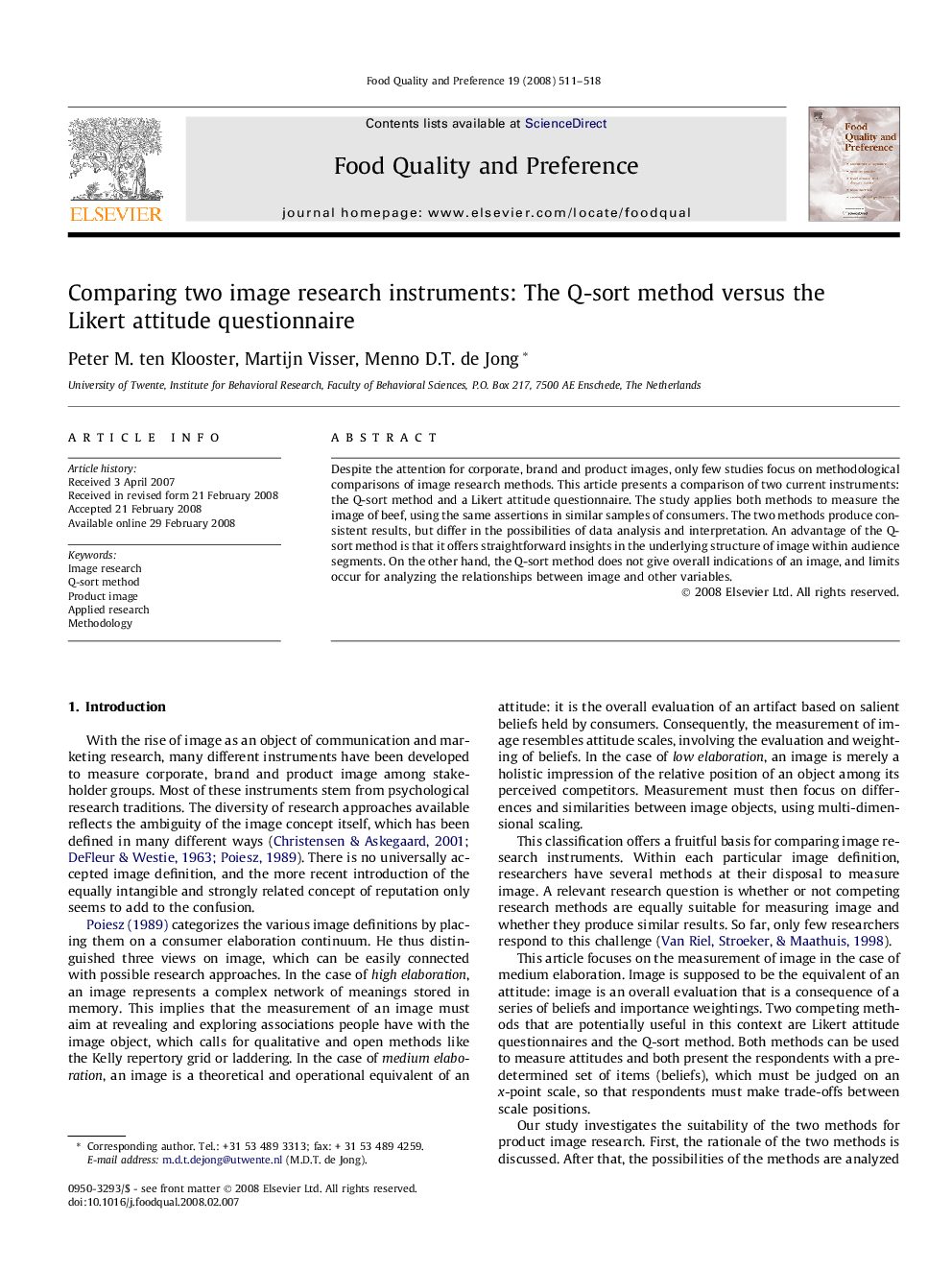 Comparing two image research instruments: The Q-sort method versus the Likert attitude questionnaire