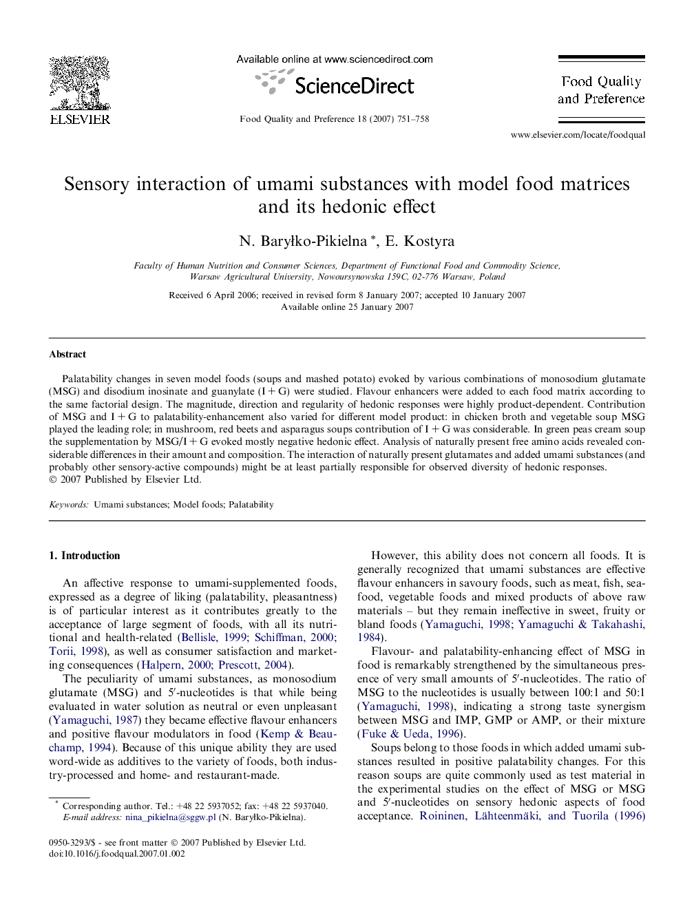 Sensory interaction of umami substances with model food matrices and its hedonic effect