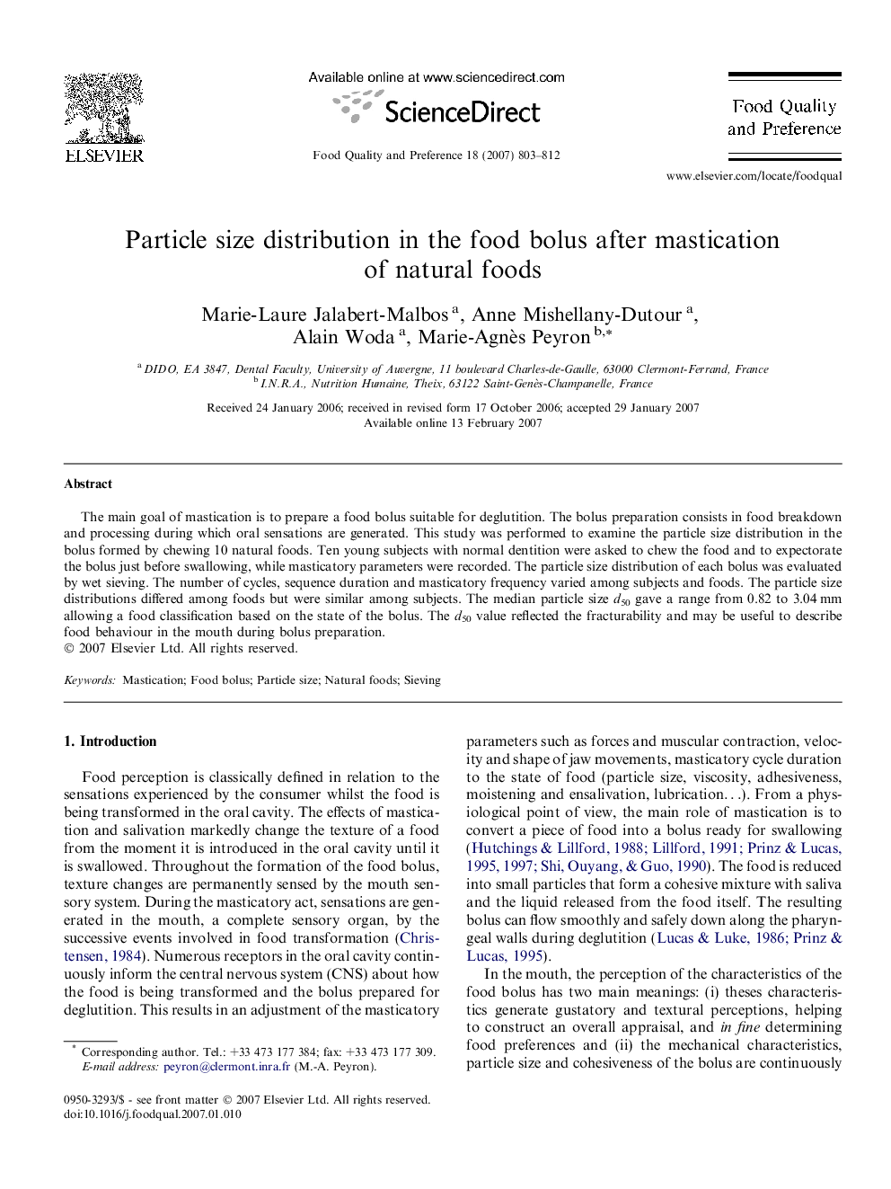 Particle size distribution in the food bolus after mastication of natural foods