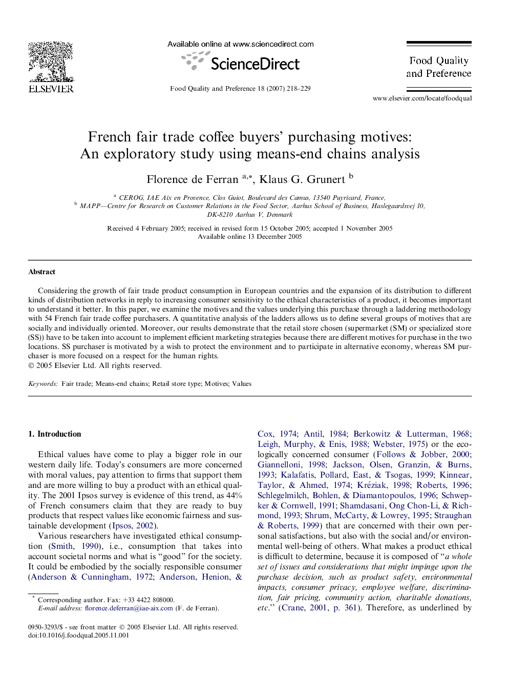 French fair trade coffee buyers’ purchasing motives: An exploratory study using means-end chains analysis