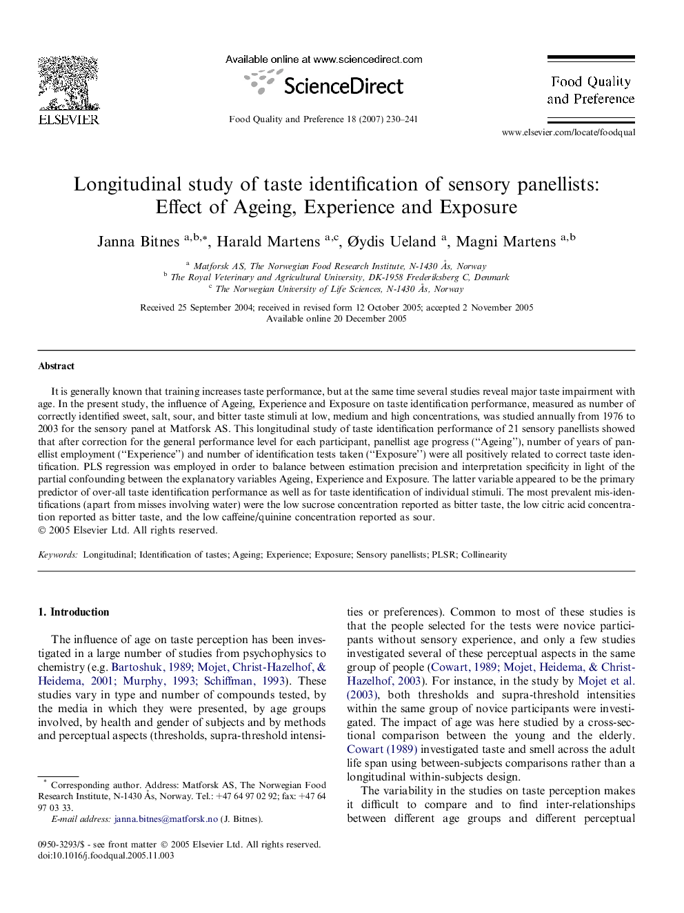 Longitudinal study of taste identification of sensory panellists: Effect of Ageing, Experience and Exposure