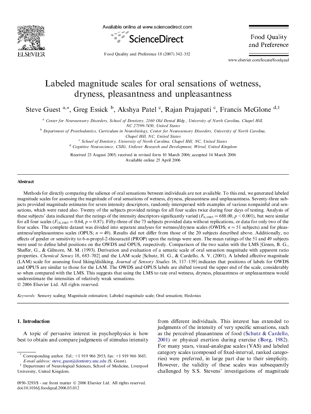 Labeled magnitude scales for oral sensations of wetness, dryness, pleasantness and unpleasantness