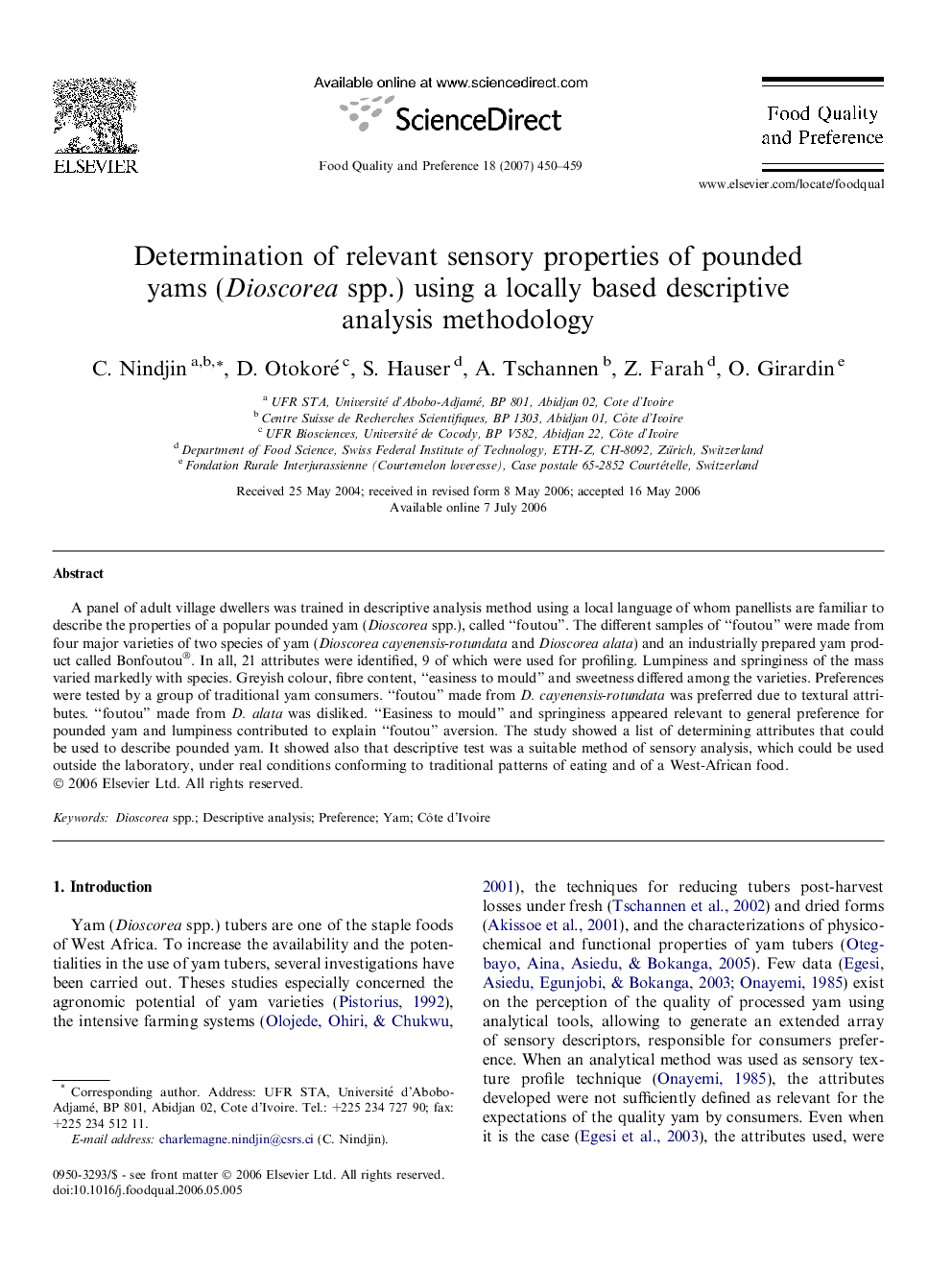 Determination of relevant sensory properties of pounded yams (Dioscorea spp.) using a locally based descriptive analysis methodology