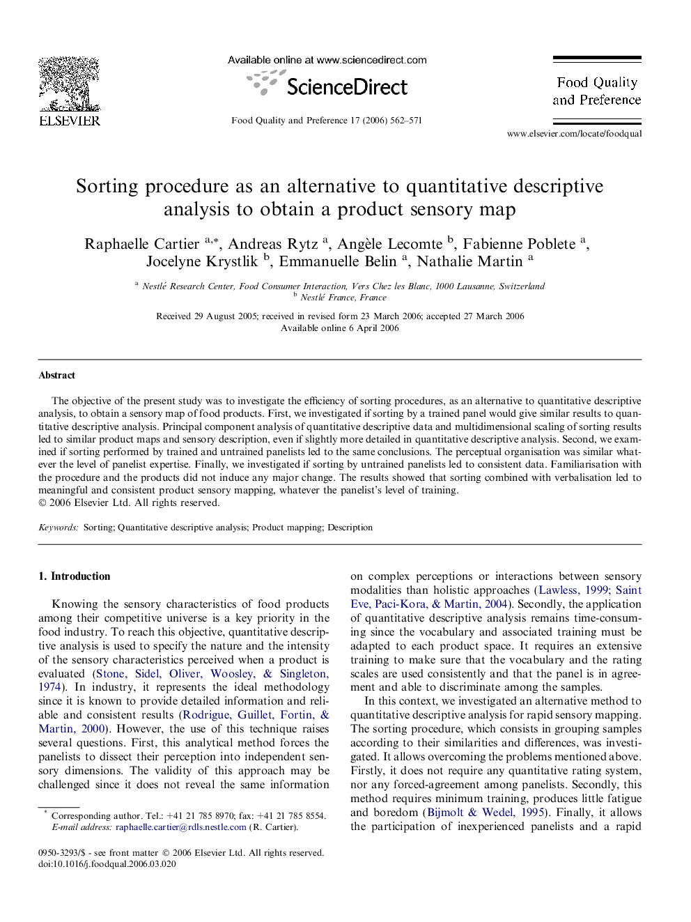 Sorting procedure as an alternative to quantitative descriptive analysis to obtain a product sensory map