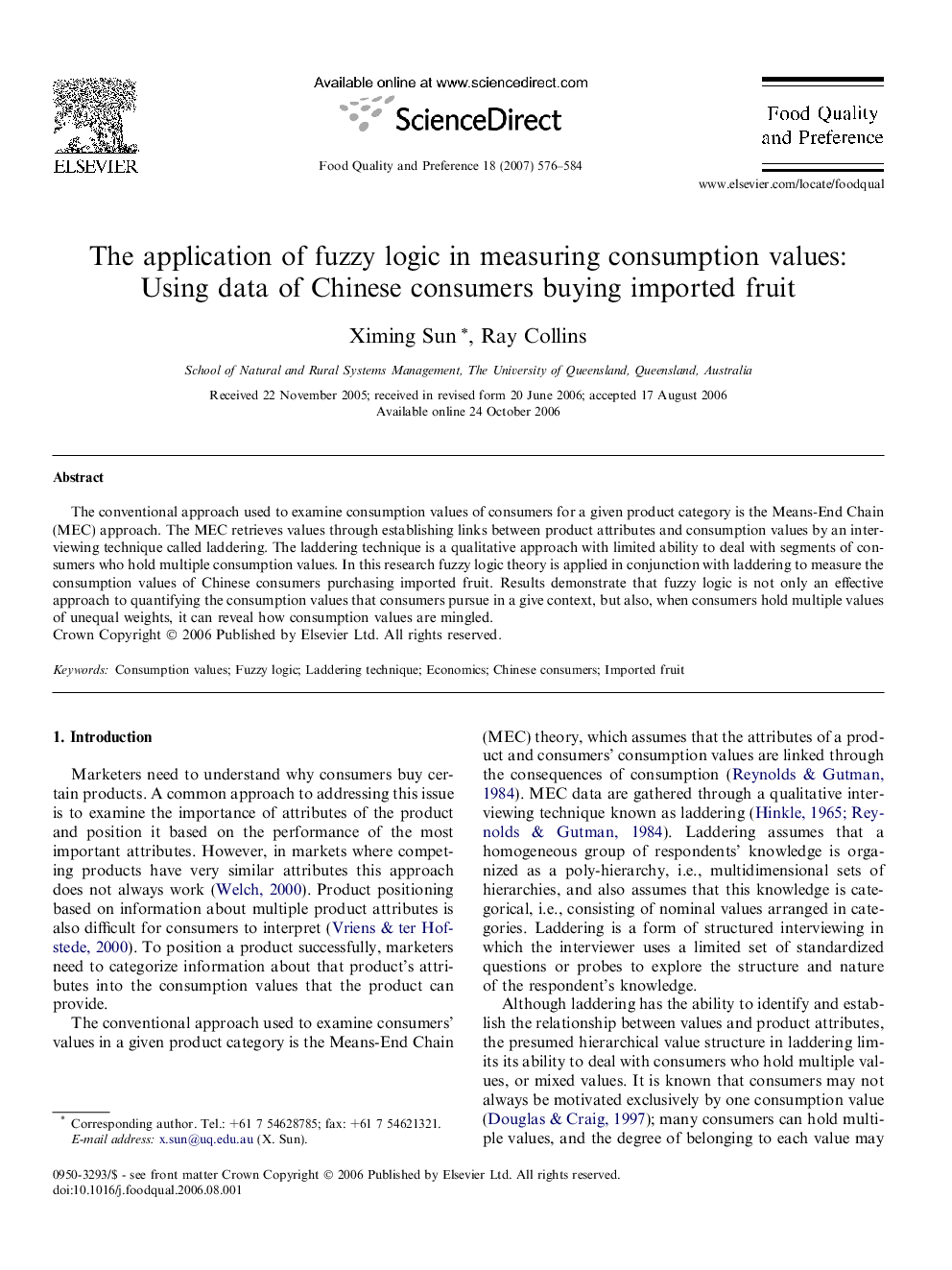 The application of fuzzy logic in measuring consumption values: Using data of Chinese consumers buying imported fruit