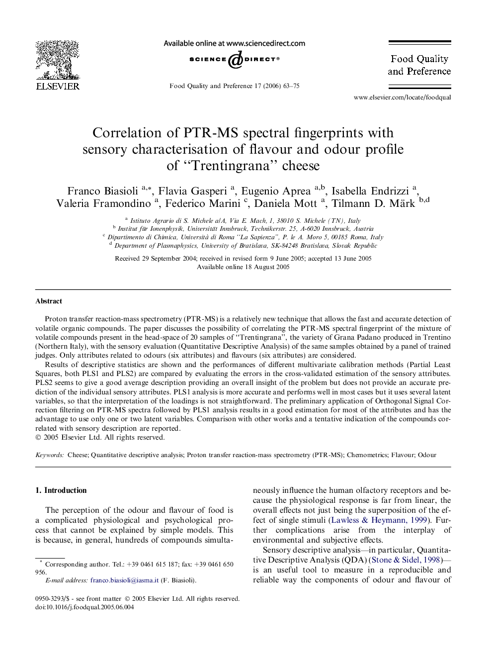 Correlation of PTR-MS spectral fingerprints with sensory characterisation of flavour and odour profile of “Trentingrana” cheese