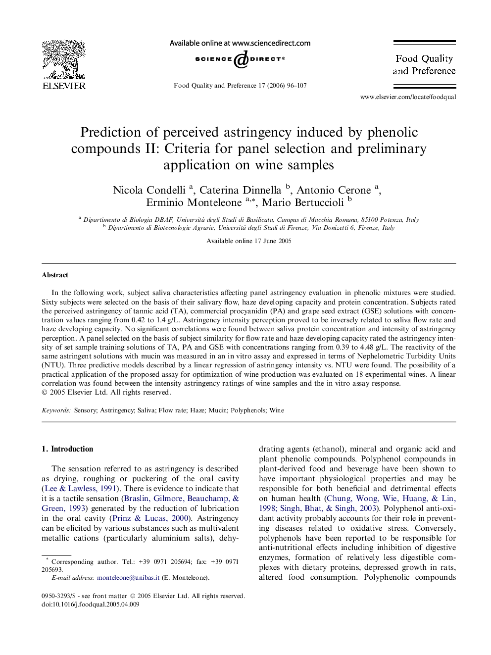 Prediction of perceived astringency induced by phenolic compounds II: Criteria for panel selection and preliminary application on wine samples