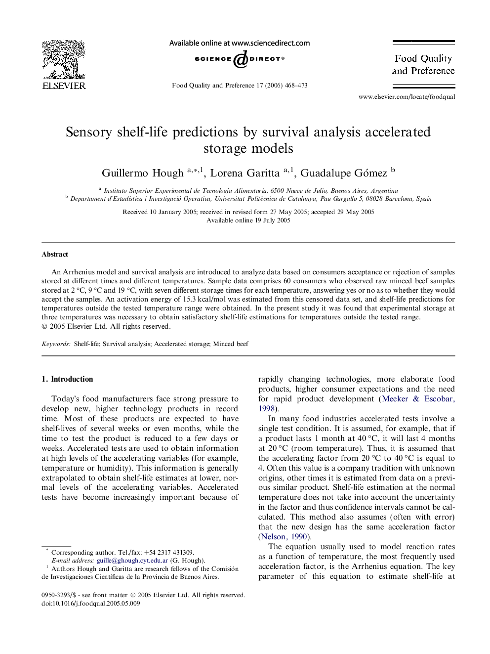 Sensory shelf-life predictions by survival analysis accelerated storage models