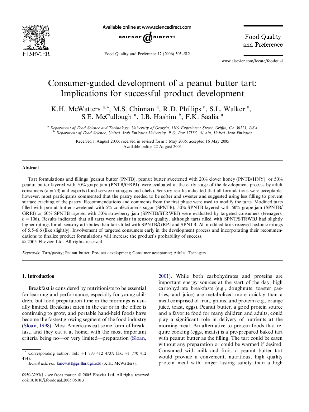 Consumer-guided development of a peanut butter tart: Implications for successful product development