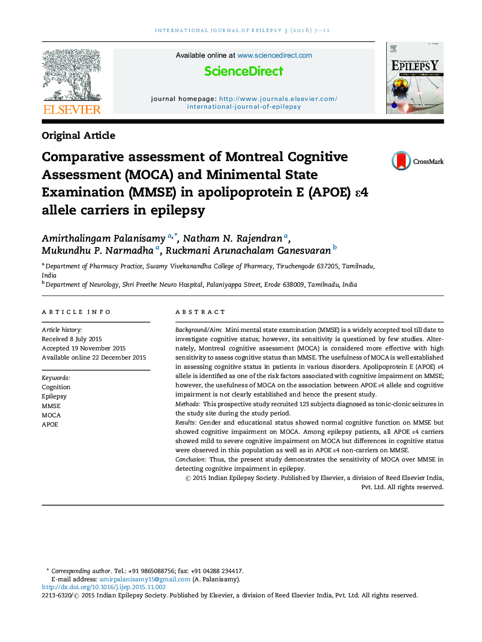 Comparative assessment of Montreal Cognitive Assessment (MOCA) and Minimental State Examination (MMSE) in apolipoprotein E (APOE) ɛ4 allele carriers in epilepsy