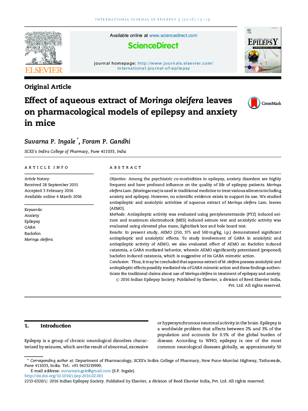 Effect of aqueous extract of Moringa oleifera leaves on pharmacological models of epilepsy and anxiety in mice