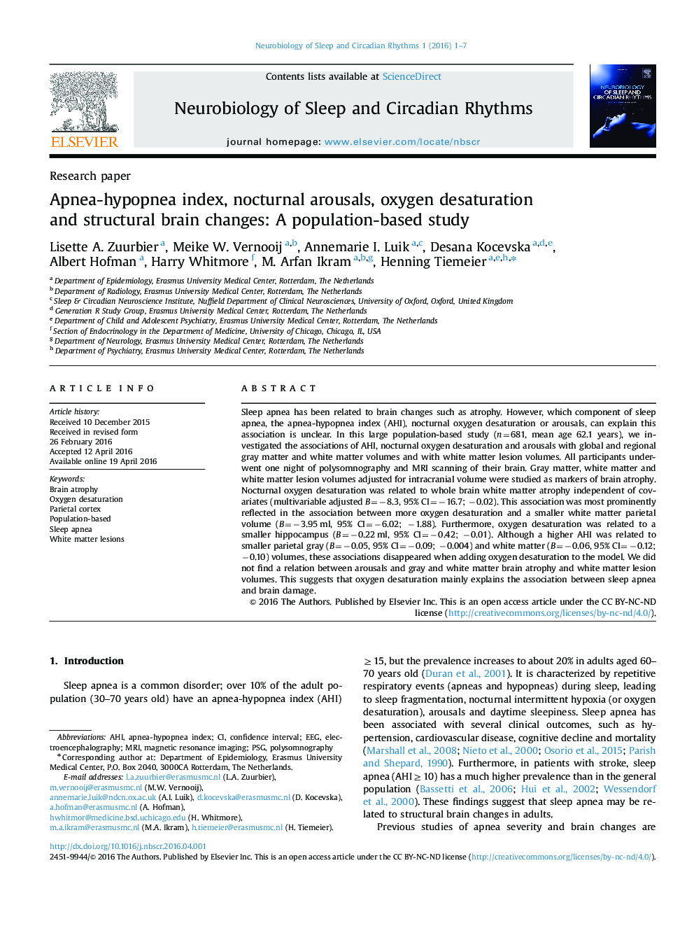 Apnea-hypopnea index, nocturnal arousals, oxygen desaturation and structural brain changes: A population-based study