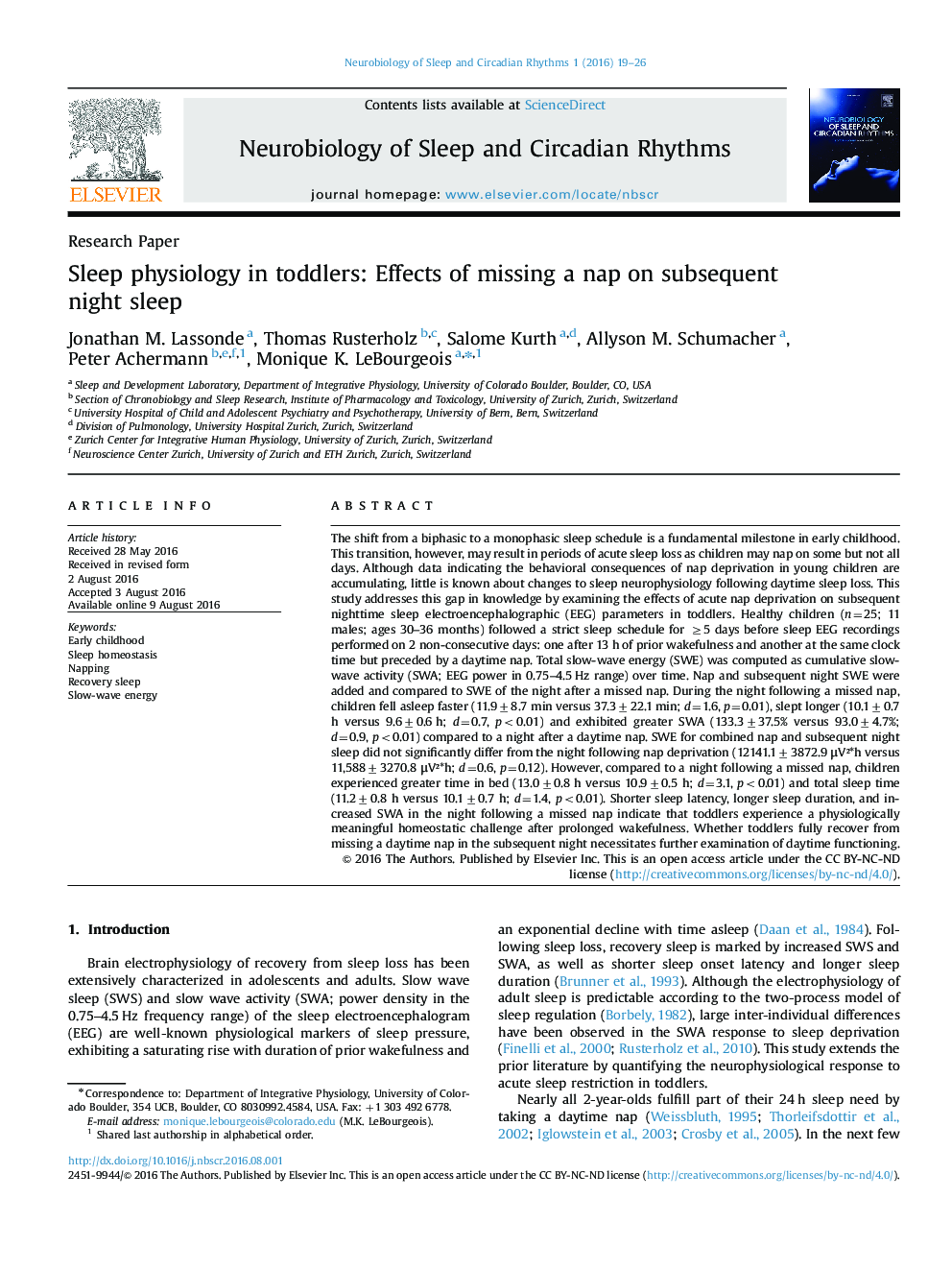 Sleep physiology in toddlers: Effects of missing a nap on subsequent night sleep