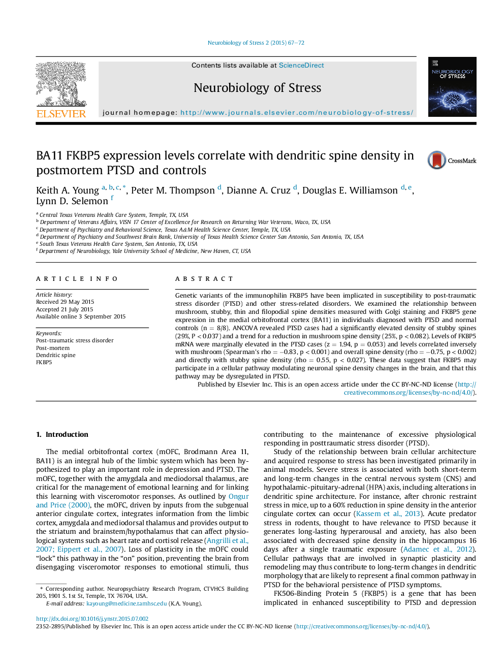 BA11 FKBP5 expression levels correlate with dendritic spine density in postmortem PTSD and controls