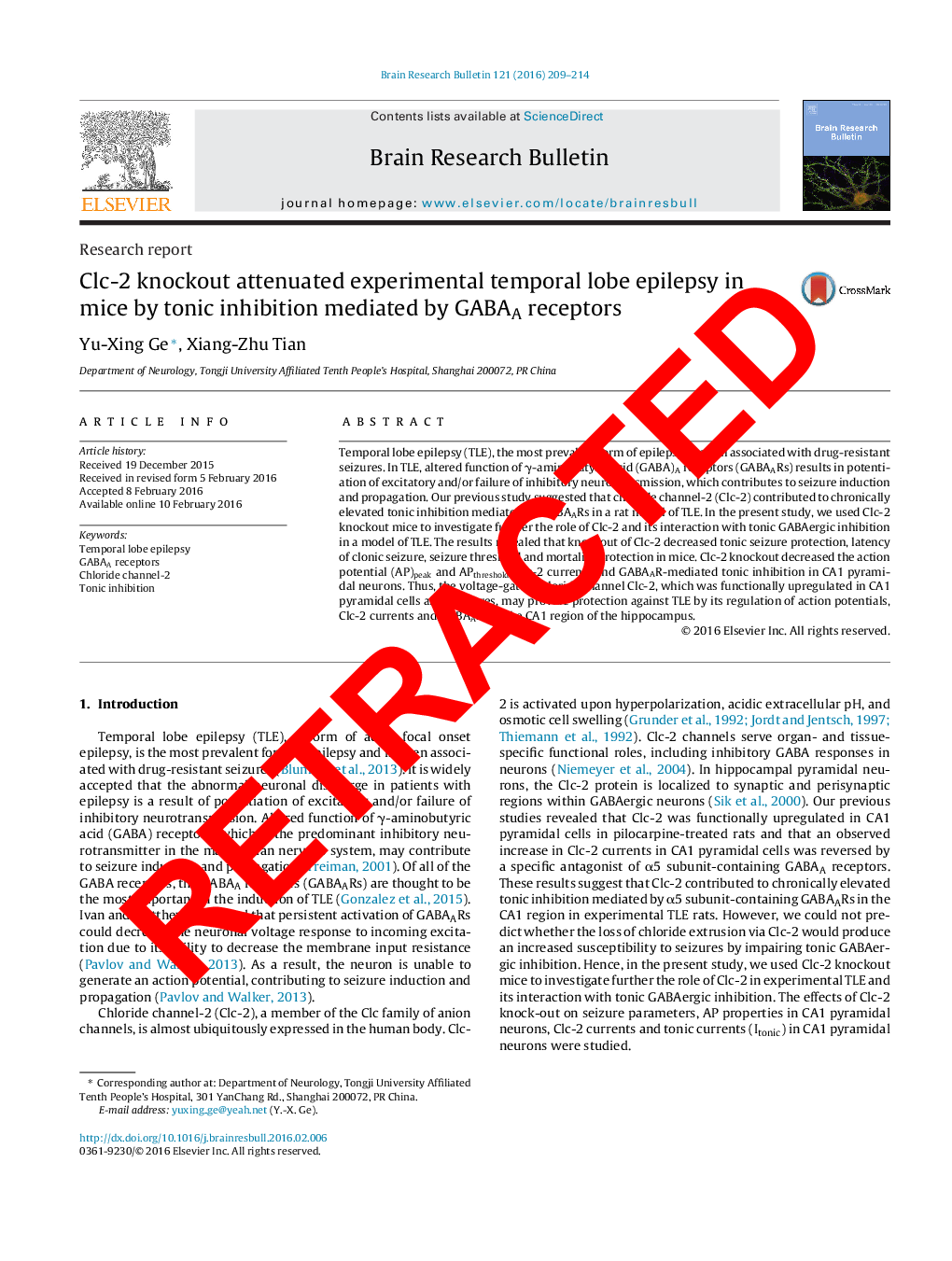 RETRACTED: Clc-2 knockout attenuated experimental temporal lobe epilepsy in mice by tonic inhibition mediated by GABAA receptors
