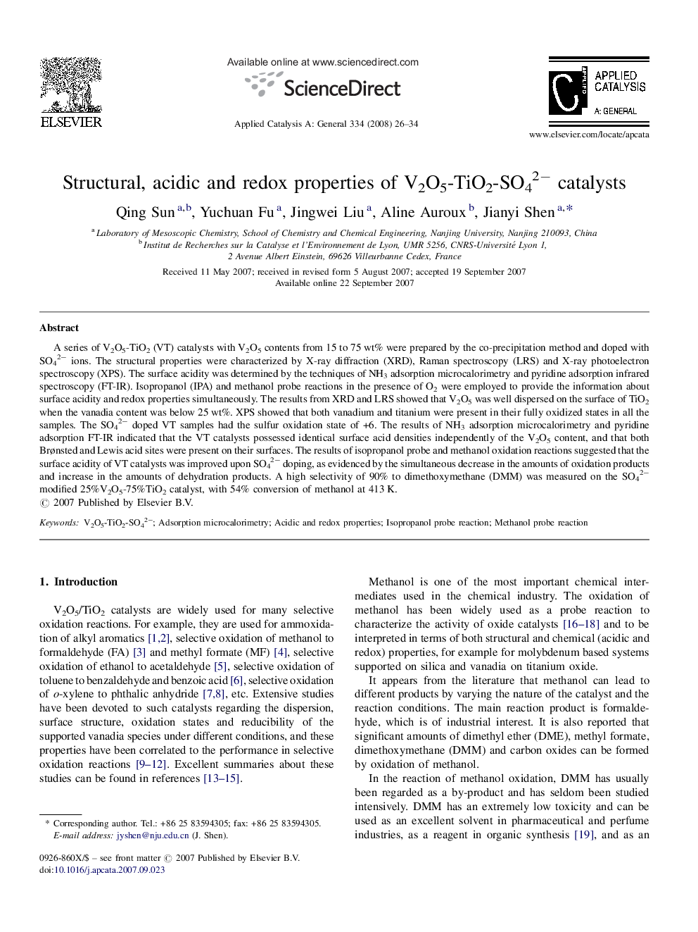 Structural, acidic and redox properties of V2O5-TiO2-SO42− catalysts