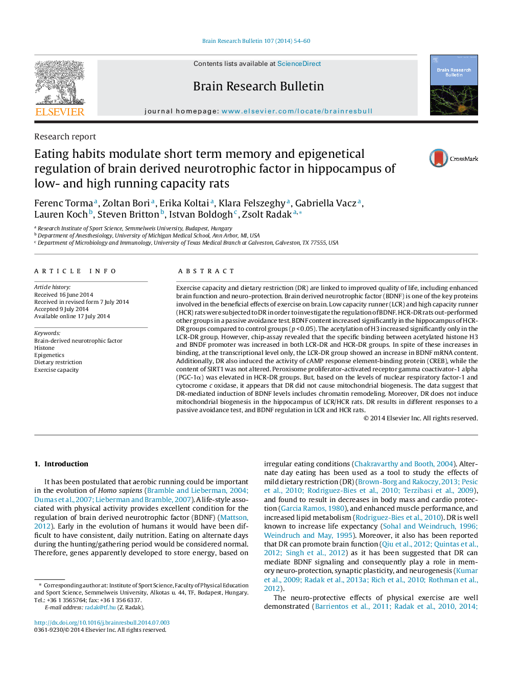 Eating habits modulate short term memory and epigenetical regulation of brain derived neurotrophic factor in hippocampus of low- and high running capacity rats