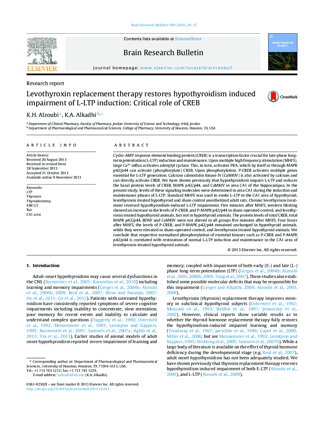 Levothyroxin replacement therapy restores hypothyroidism induced impairment of L-LTP induction: Critical role of CREB