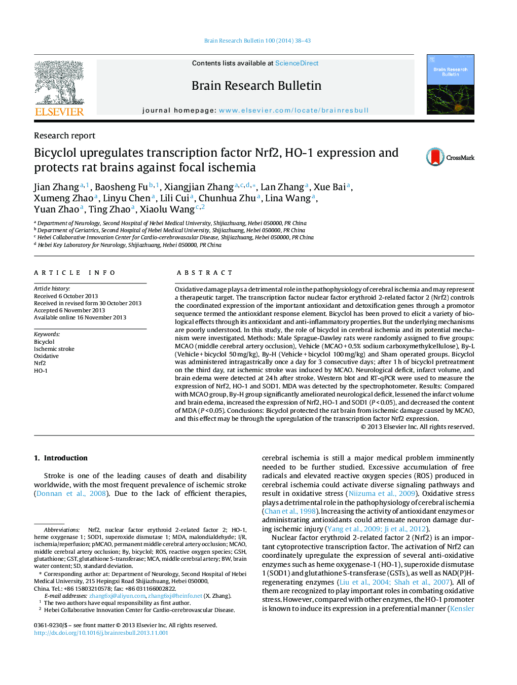 Bicyclol upregulates transcription factor Nrf2, HO-1 expression and protects rat brains against focal ischemia