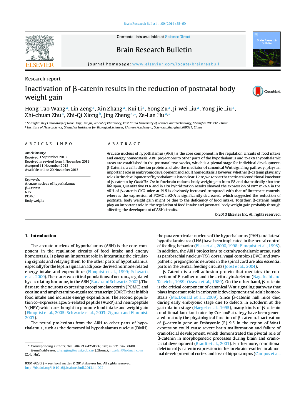 Inactivation of β-catenin results in the reduction of postnatal body weight gain