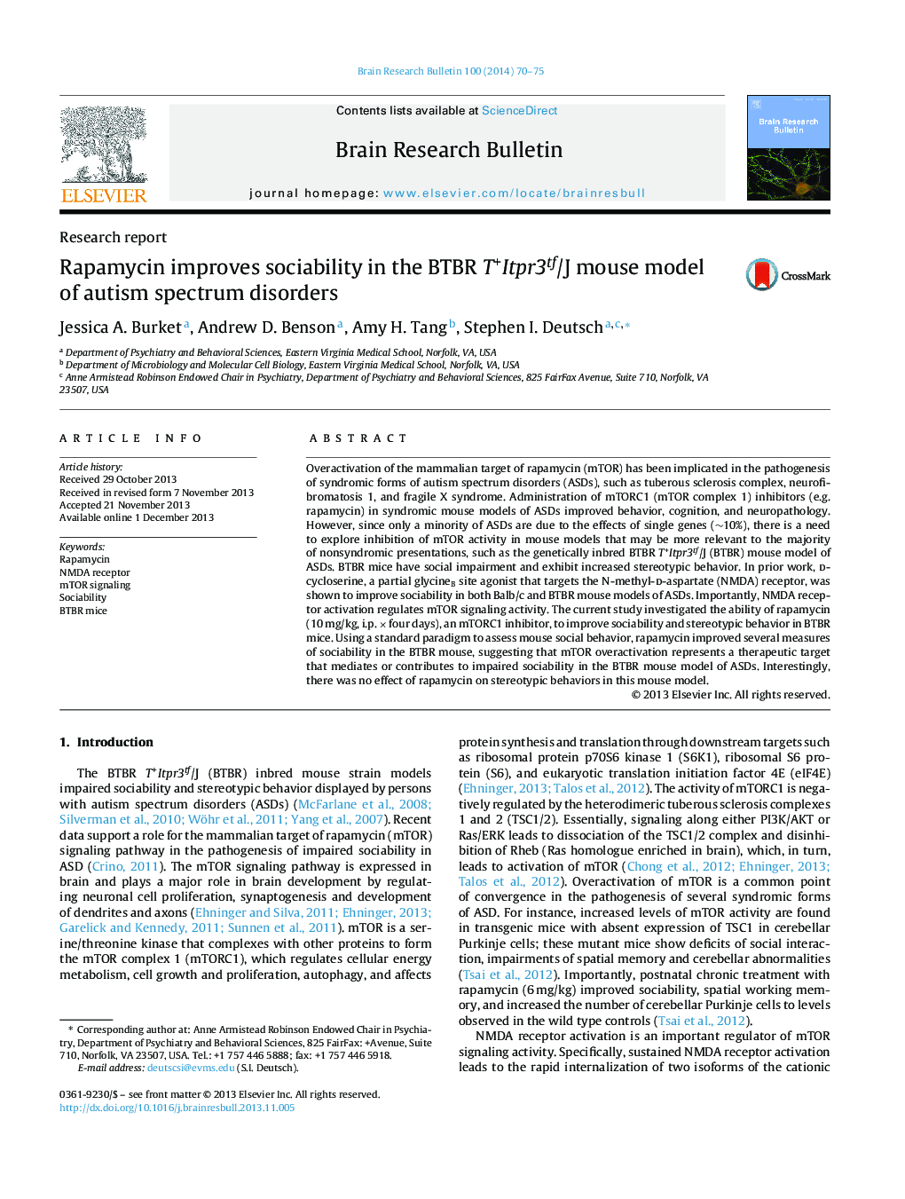 Rapamycin improves sociability in the BTBR T+Itpr3tf/J mouse model of autism spectrum disorders