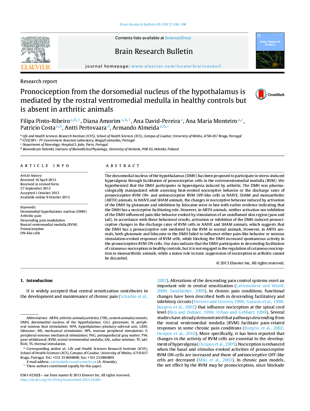 Pronociception from the dorsomedial nucleus of the hypothalamus is mediated by the rostral ventromedial medulla in healthy controls but is absent in arthritic animals