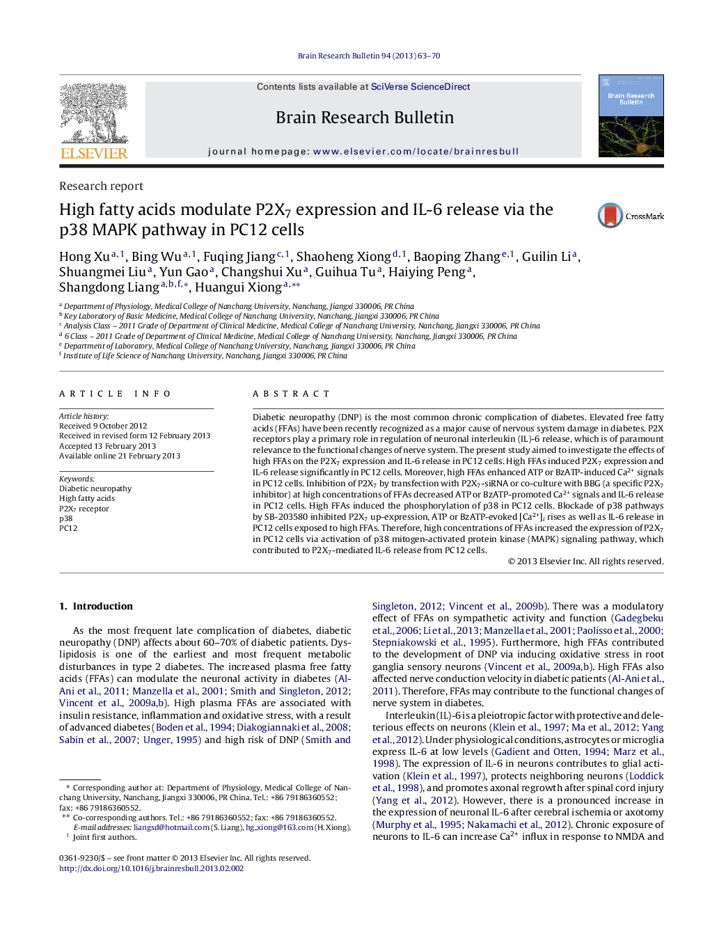 High fatty acids modulate P2X7 expression and IL-6 release via the p38 MAPK pathway in PC12 cells