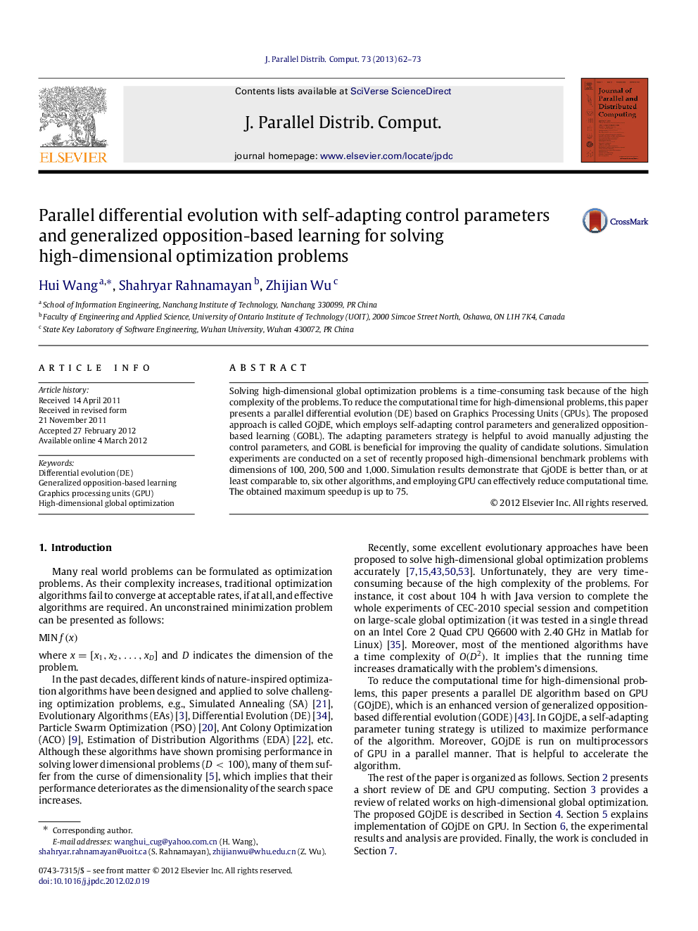 Parallel differential evolution with self-adapting control parameters and generalized opposition-based learning for solving high-dimensional optimization problems