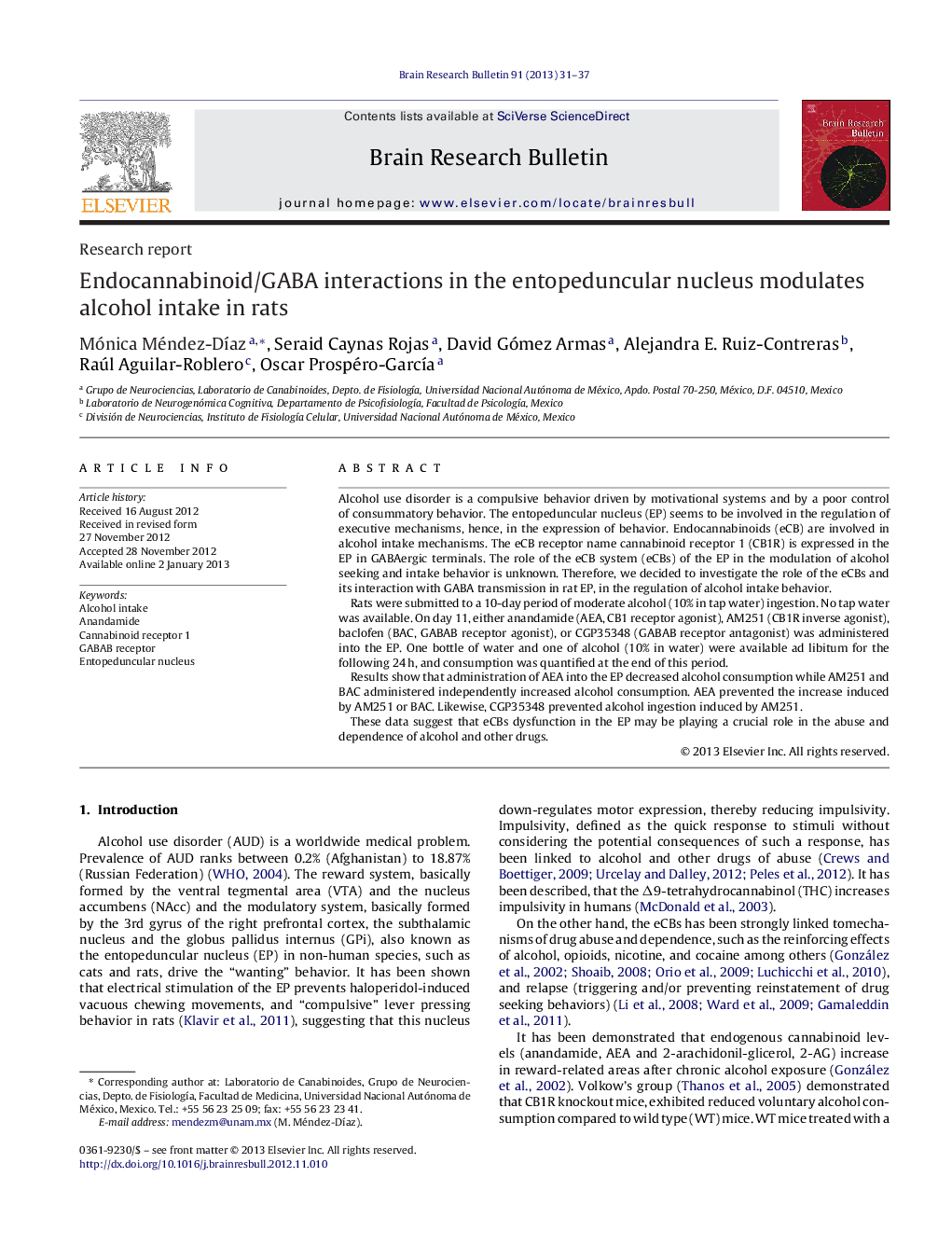 Endocannabinoid/GABA interactions in the entopeduncular nucleus modulates alcohol intake in rats