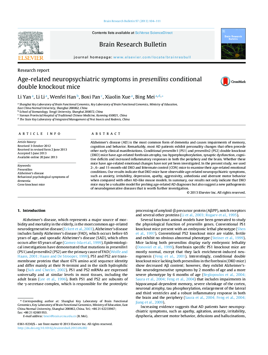 Age-related neuropsychiatric symptoms in presenilins conditional double knockout mice