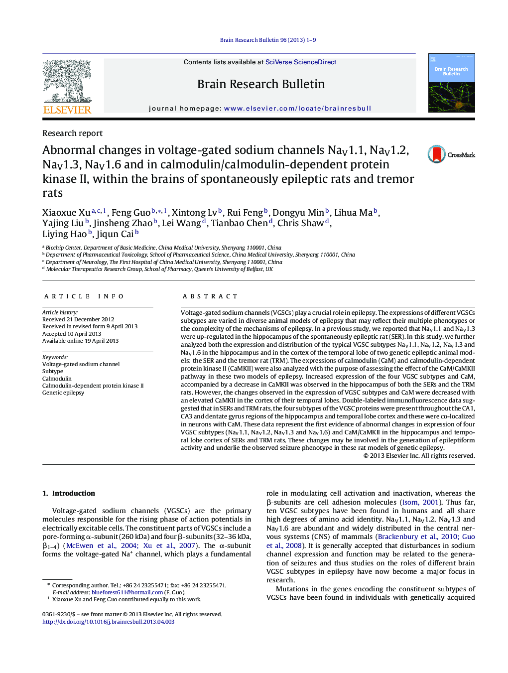 Abnormal changes in voltage-gated sodium channels NaV1.1, NaV1.2, NaV1.3, NaV1.6 and in calmodulin/calmodulin-dependent protein kinase II, within the brains of spontaneously epileptic rats and tremor rats