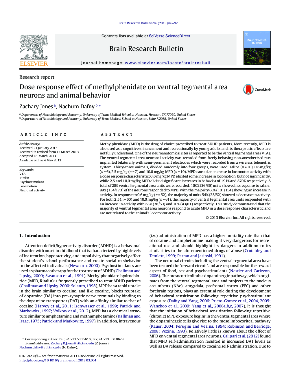 Dose response effect of methylphenidate on ventral tegmental area neurons and animal behavior