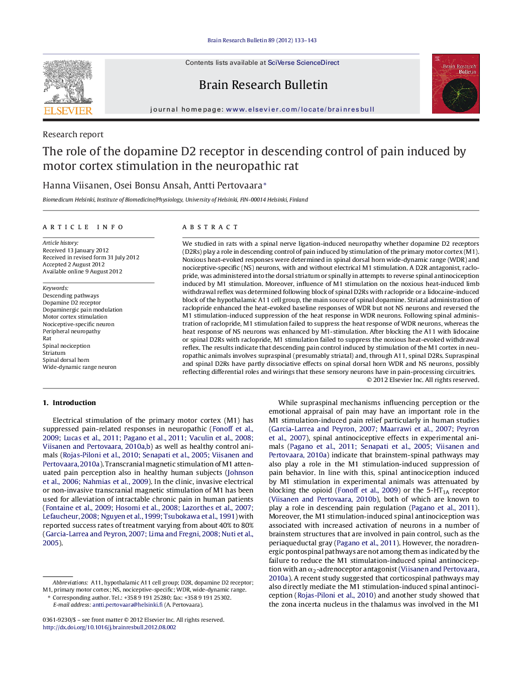 The role of the dopamine D2 receptor in descending control of pain induced by motor cortex stimulation in the neuropathic rat