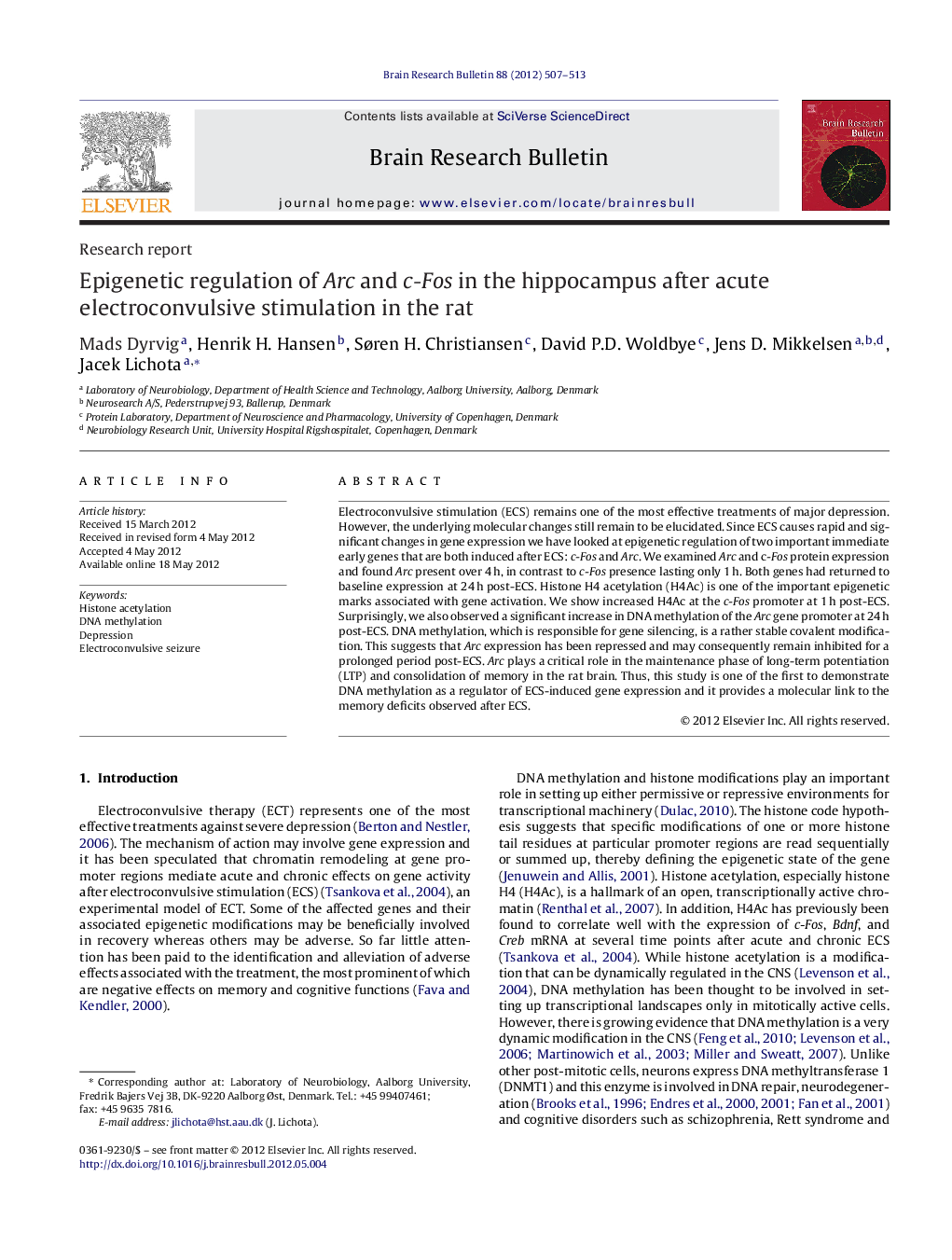 Epigenetic regulation of Arc and c-Fos in the hippocampus after acute electroconvulsive stimulation in the rat