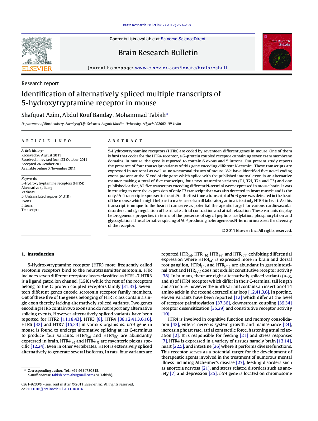 Identification of alternatively spliced multiple transcripts of 5-hydroxytryptamine receptor in mouse