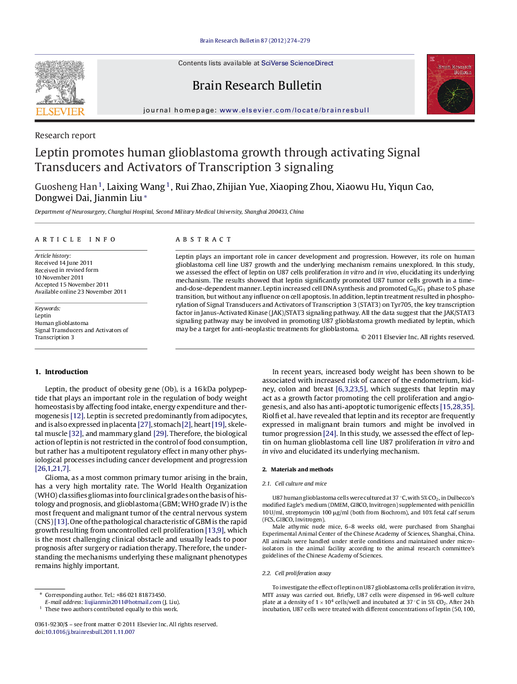 Leptin promotes human glioblastoma growth through activating Signal Transducers and Activators of Transcription 3 signaling