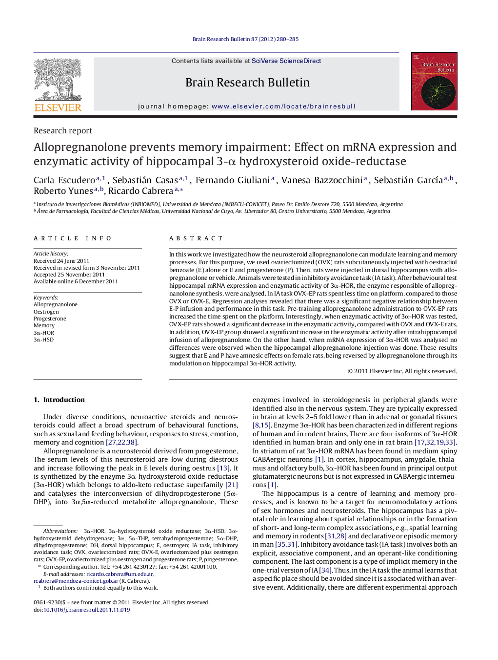 Allopregnanolone prevents memory impairment: Effect on mRNA expression and enzymatic activity of hippocampal 3-α hydroxysteroid oxide-reductase