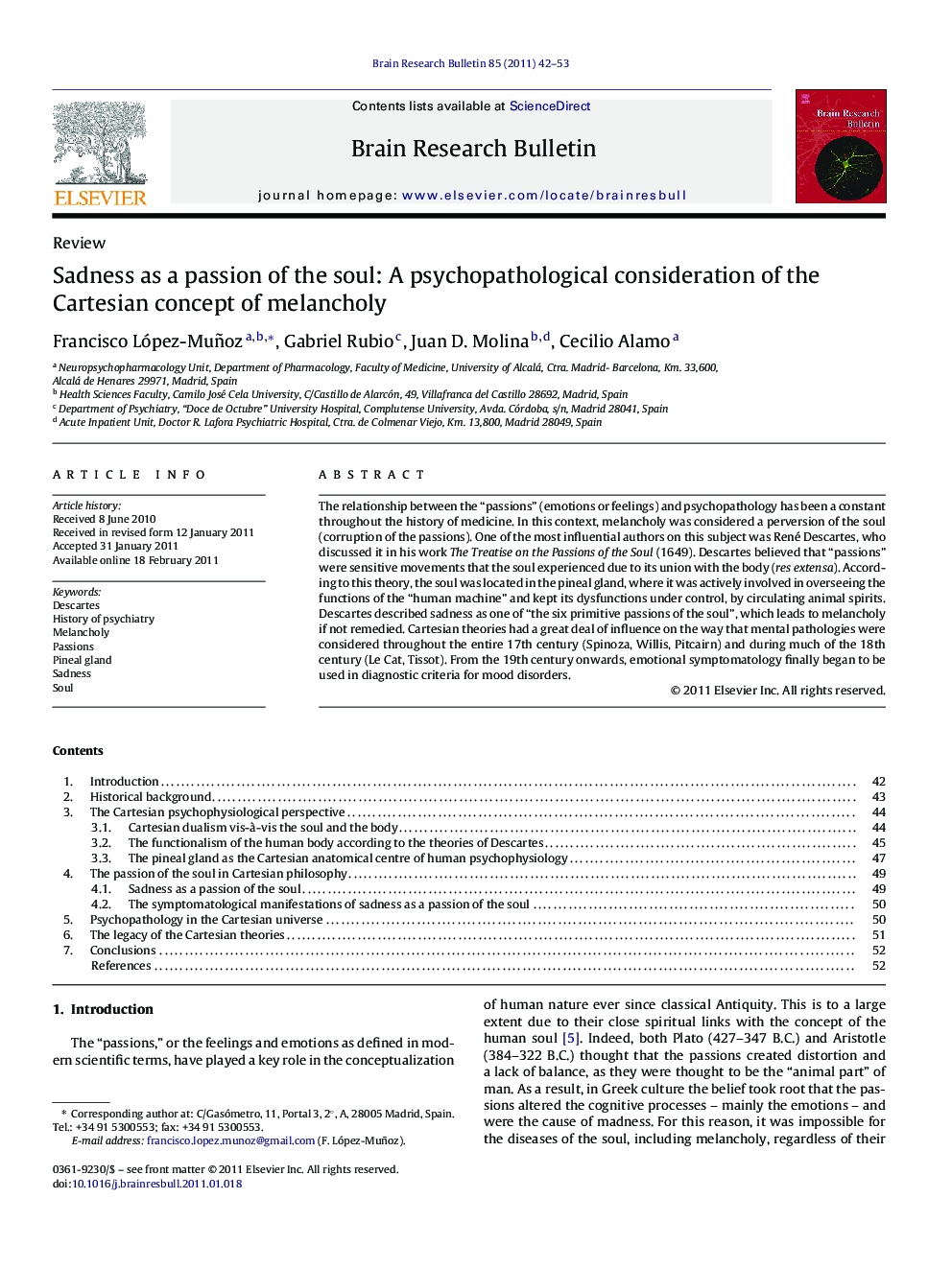 Sadness as a passion of the soul: A psychopathological consideration of the Cartesian concept of melancholy