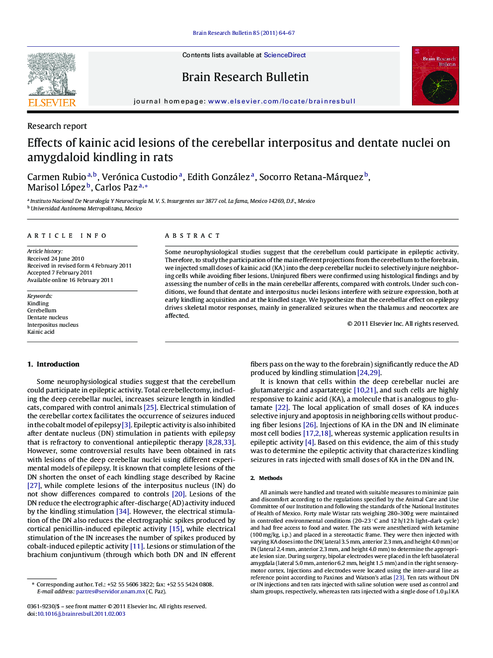 Effects of kainic acid lesions of the cerebellar interpositus and dentate nuclei on amygdaloid kindling in rats