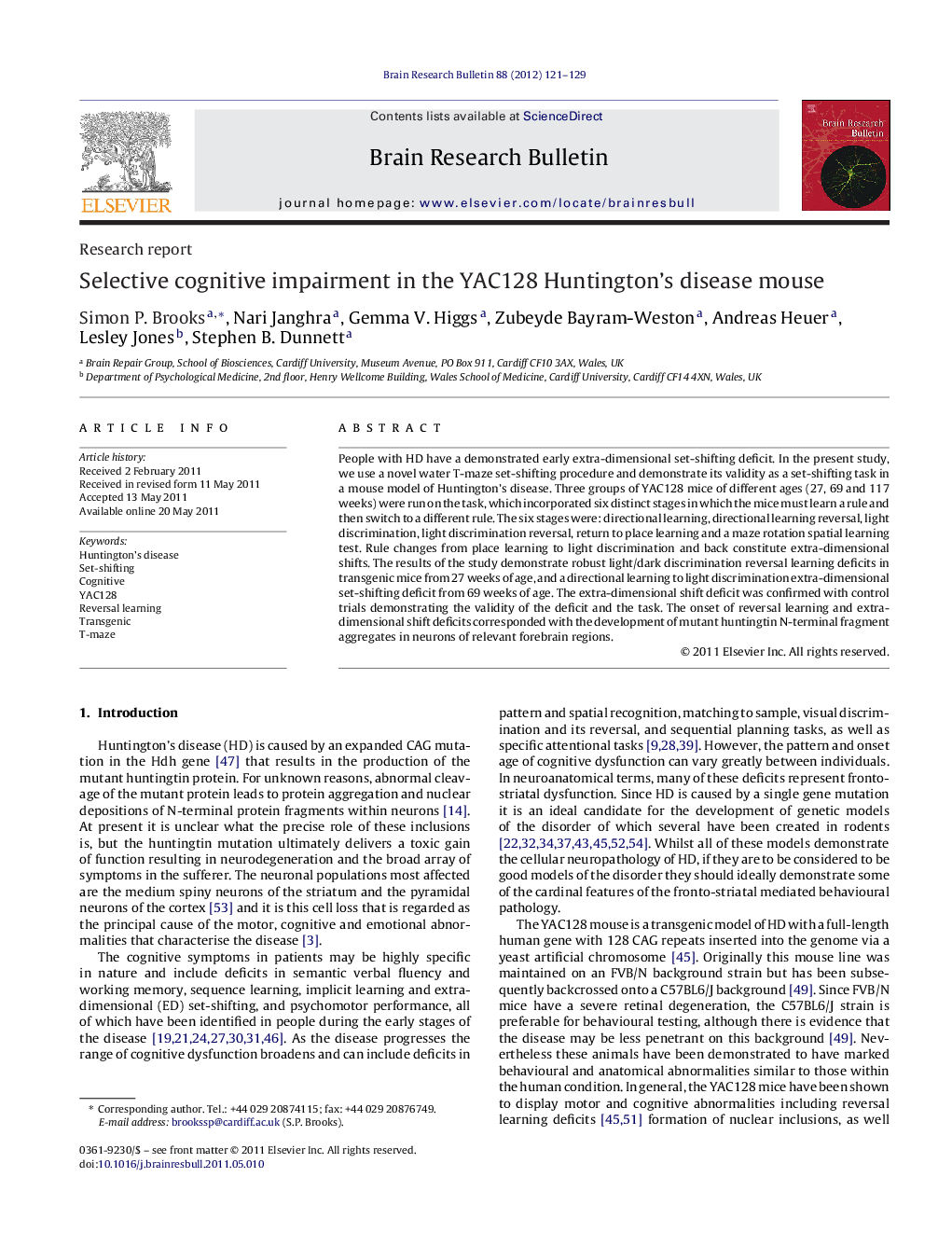 Selective cognitive impairment in the YAC128 Huntington's disease mouse