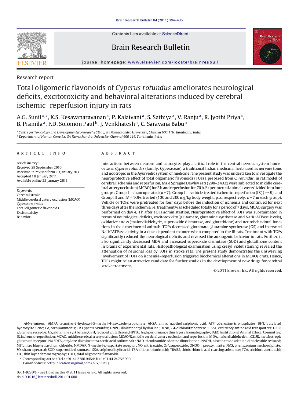 Total oligomeric flavonoids of Cyperus rotundus ameliorates neurological deficits, excitotoxicity and behavioral alterations induced by cerebral ischemic-reperfusion injury in rats