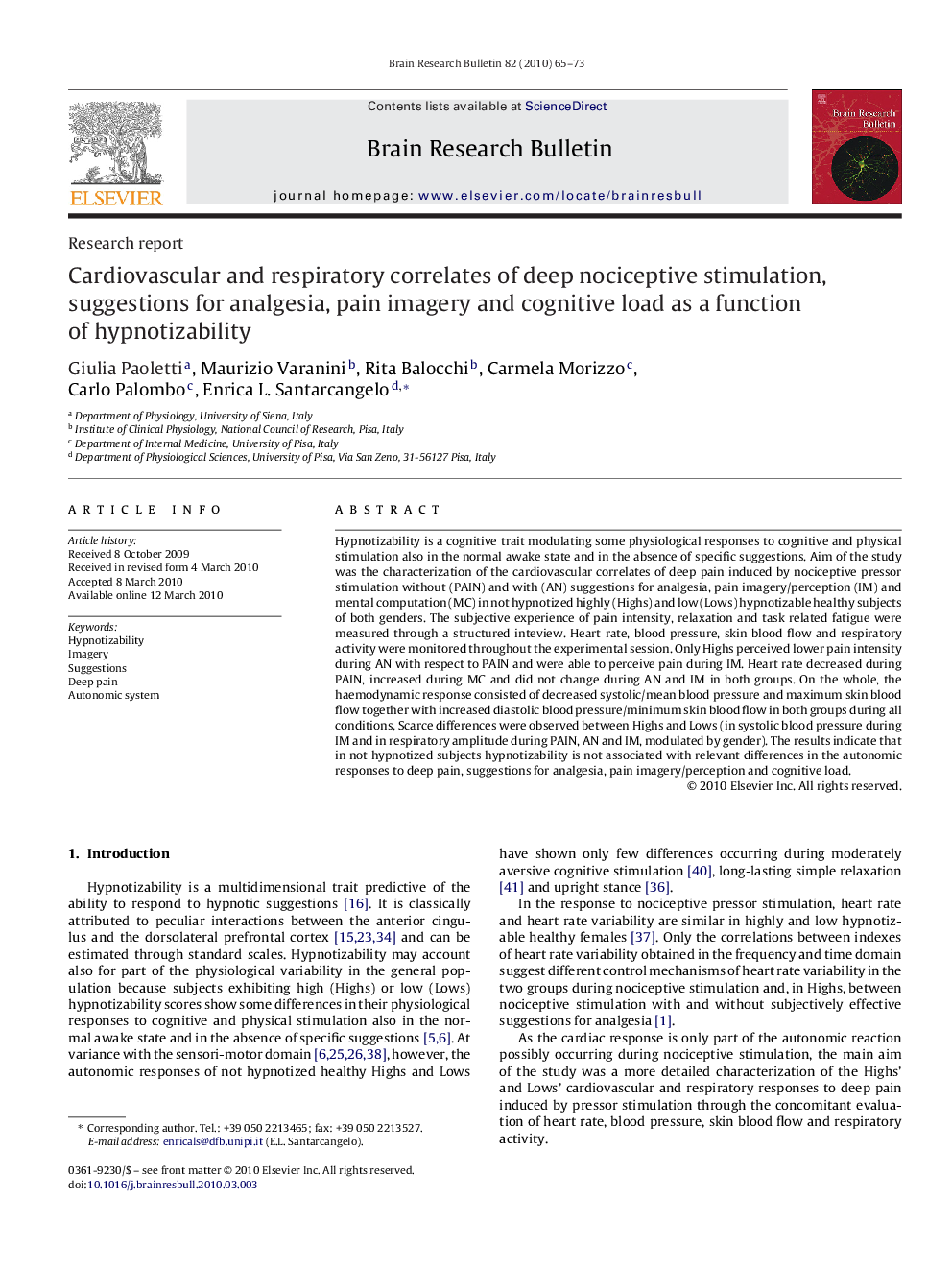 Cardiovascular and respiratory correlates of deep nociceptive stimulation, suggestions for analgesia, pain imagery and cognitive load as a function of hypnotizability