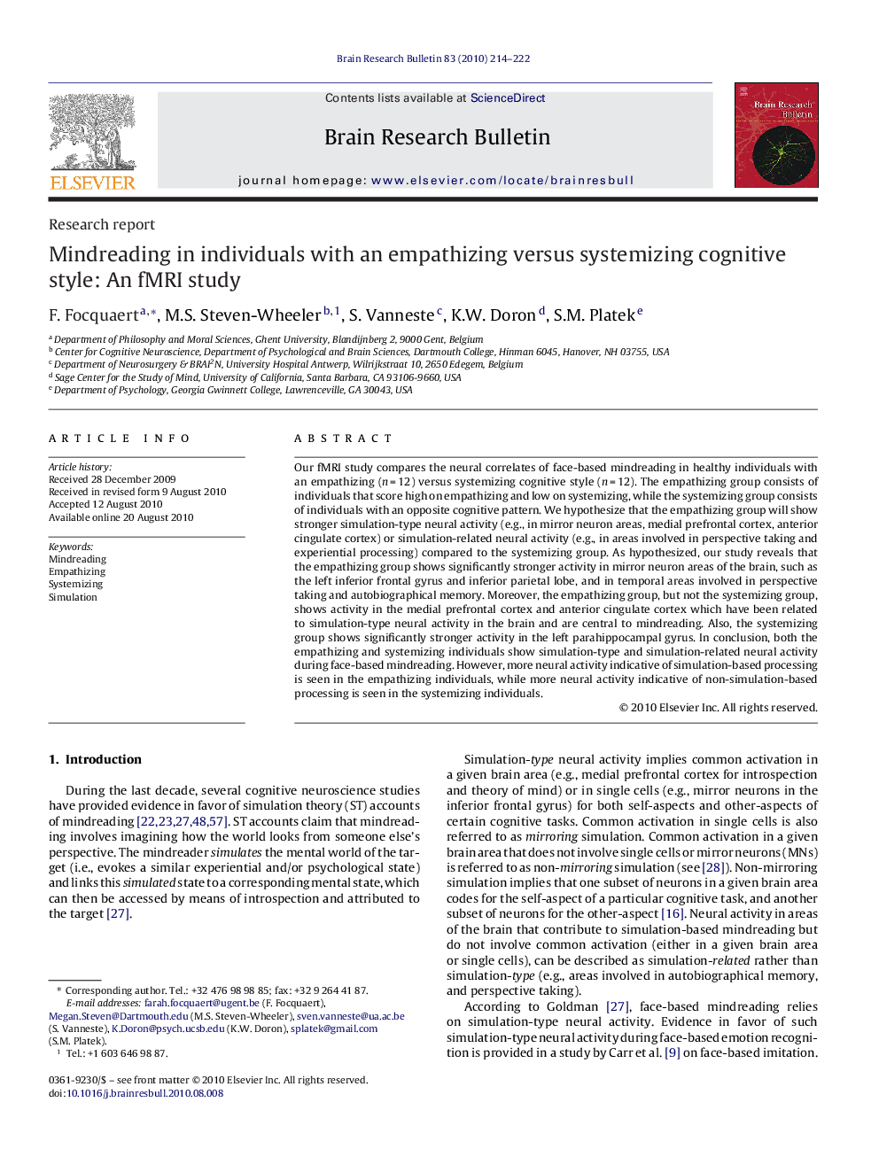 Mindreading in individuals with an empathizing versus systemizing cognitive style: An fMRI study