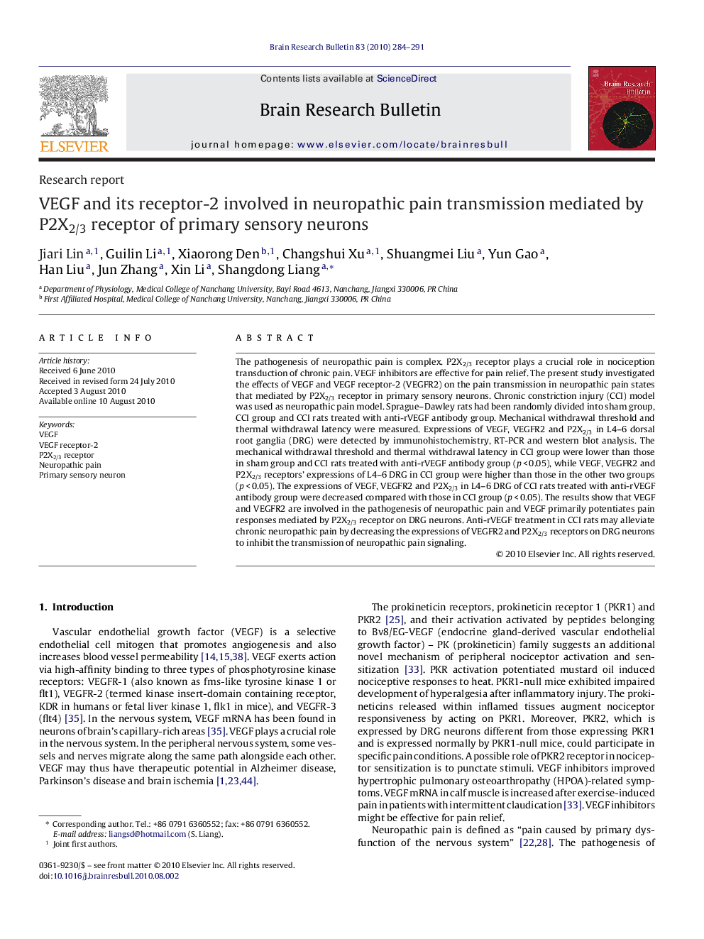 VEGF and its receptor-2 involved in neuropathic pain transmission mediated by P2X2/3 receptor of primary sensory neurons